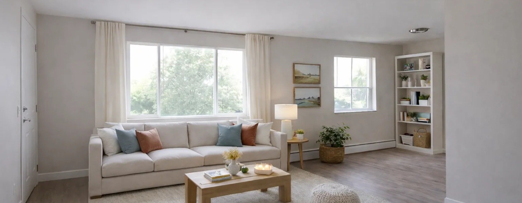 a living room with a white couch and a coffee table