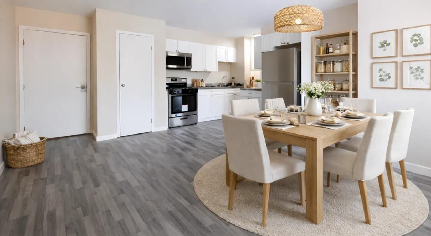 a kitchen with a dining table