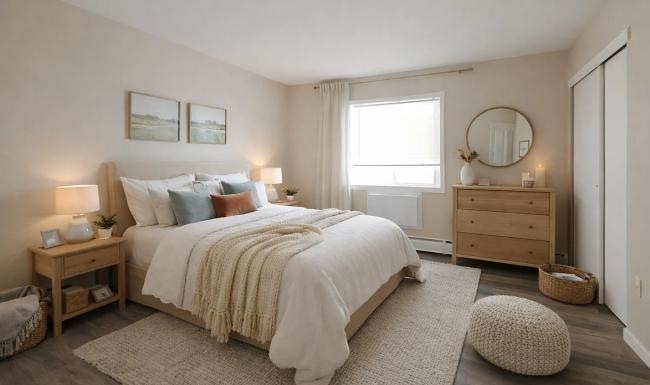 a bedroom with a bed and a mirror